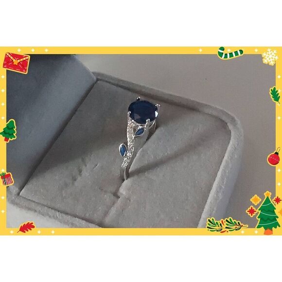 Stunning 2.4 Ct. Lab Created Blue & White Sapphire Gem Floral Accent Ring Sz 8 - Picture 2 of 4